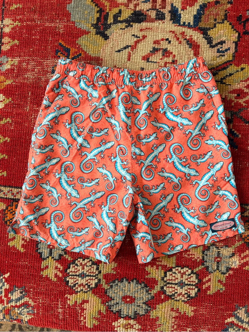 Vineyard Vines Coral Swim Trunks with Turquoise Lizard Print